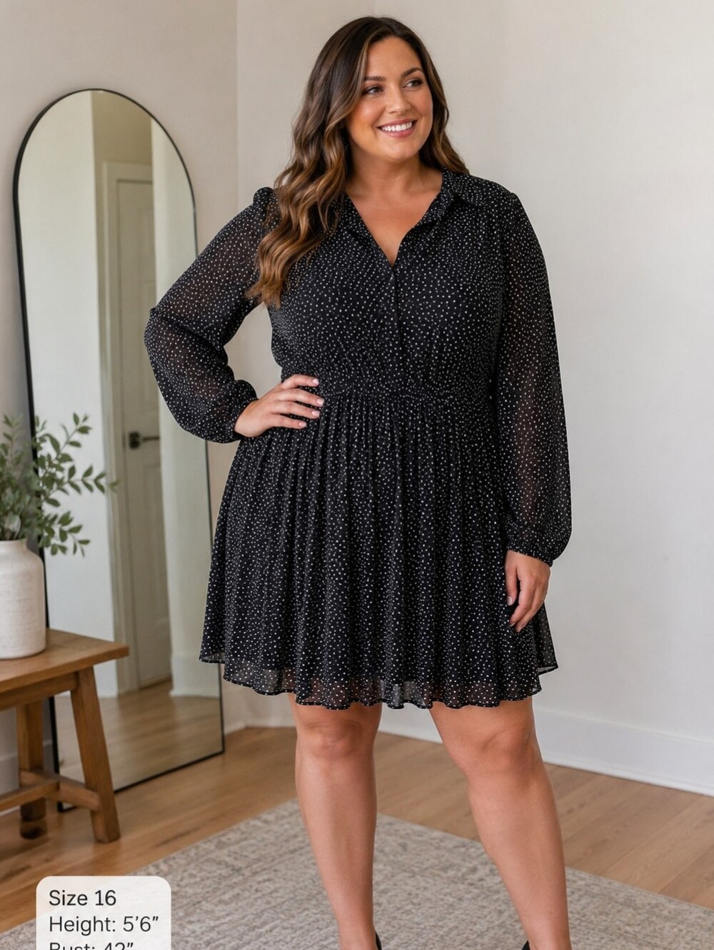 City Chic Black Polka Dot Long Sleeve Dress - Gathered Waist